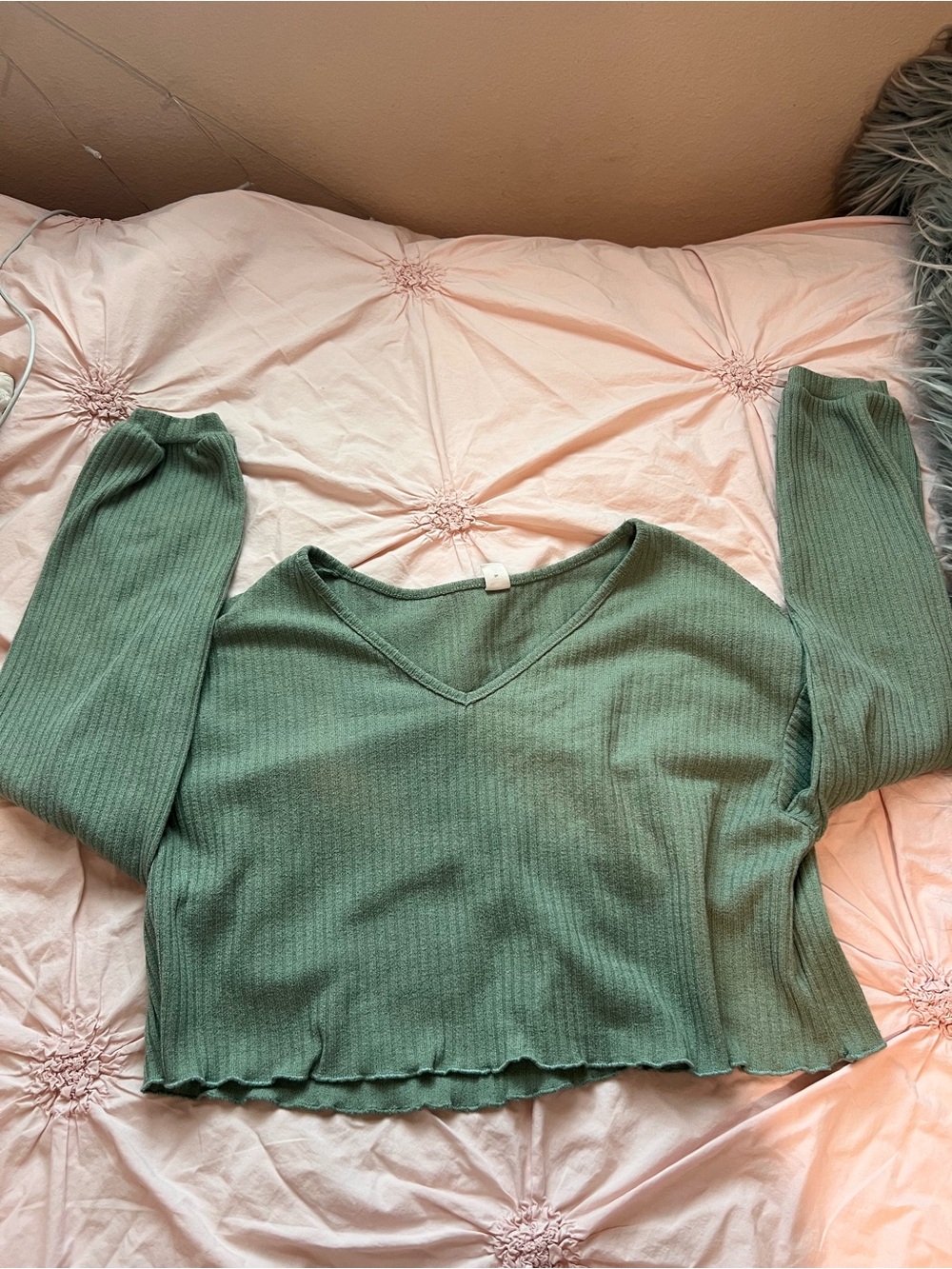 Ribbed V-Neck Cropped Top in Sage Green